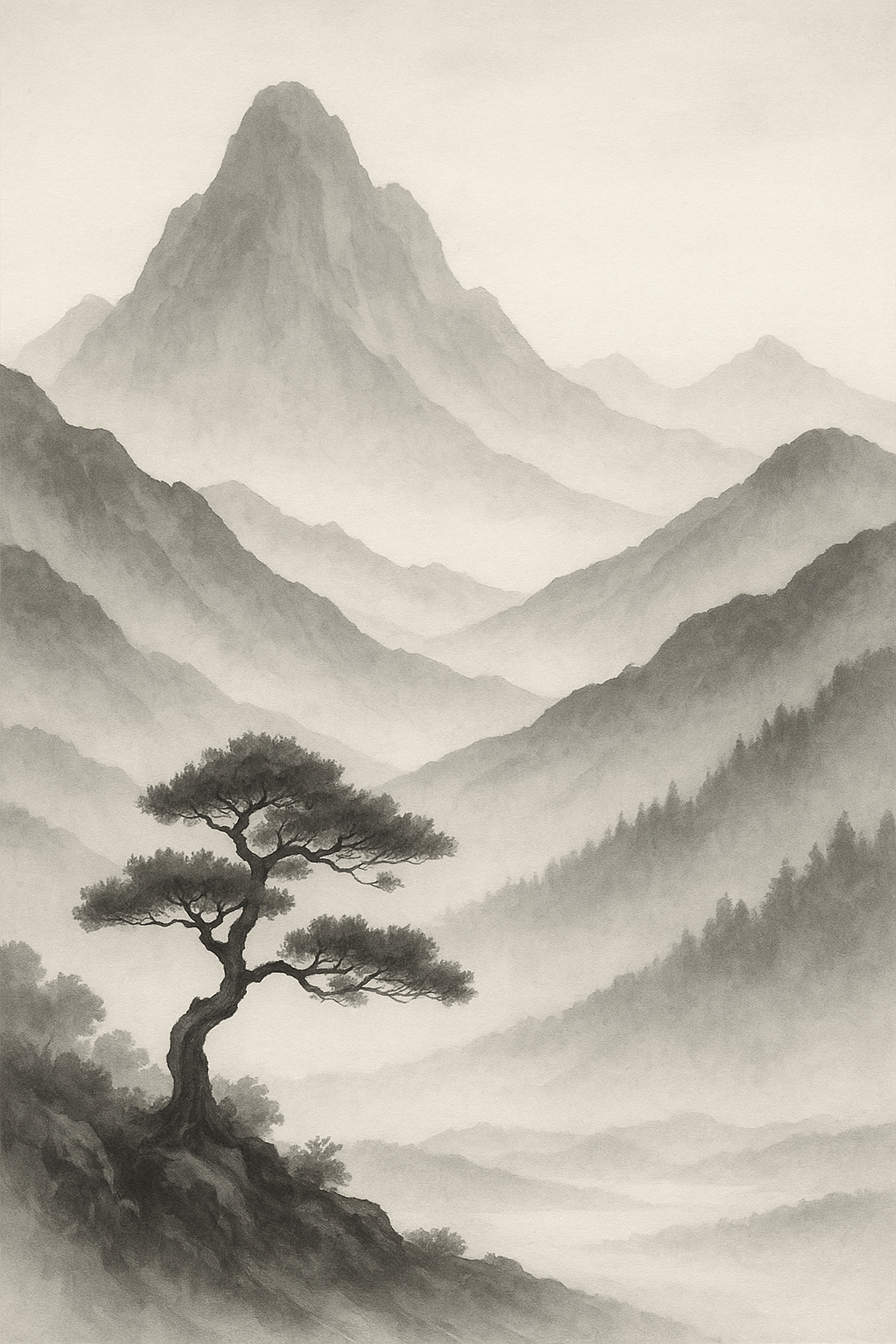 GOUD - PREMIUM- Zen-Style Grayscale Mountain Scene
